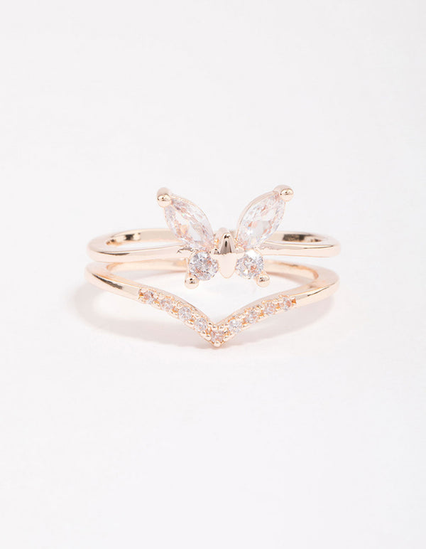 Rose Gold Plated Cubic Zirconia Butterfly Double Band Ring