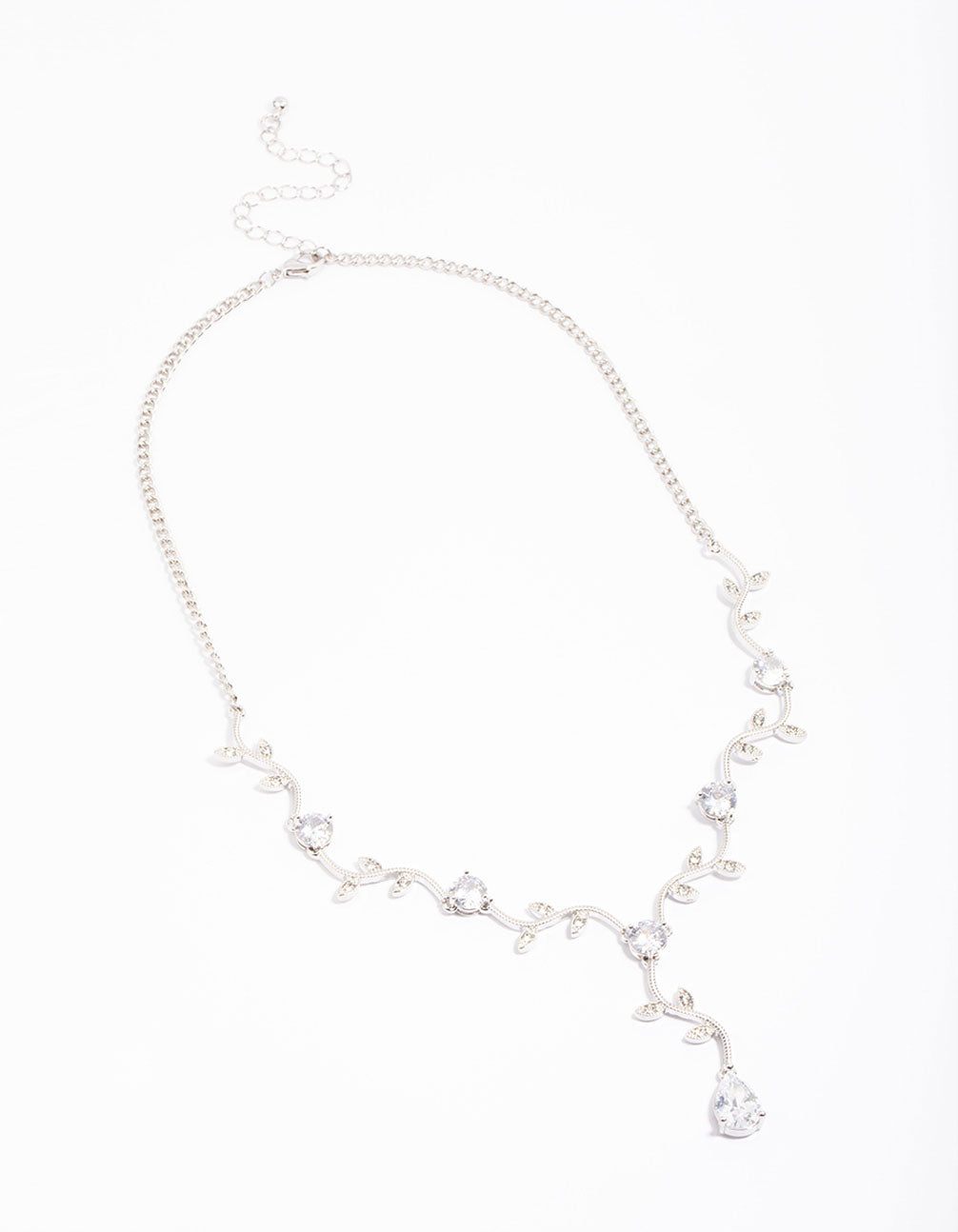 Silver Cubic Zirconia Floral Teardrop Y-Shape Necklace
