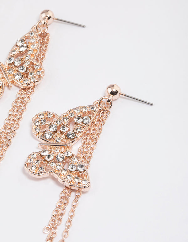 Rose Gold Butterfly Tassel Drop Earrings