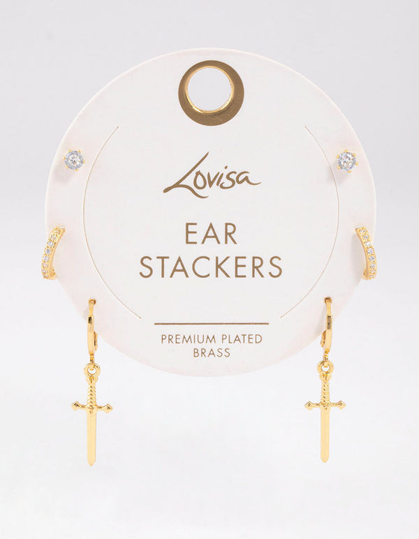 Gold Plated Brass Cubic Zirconia Dagger Huggie Earrings Pack