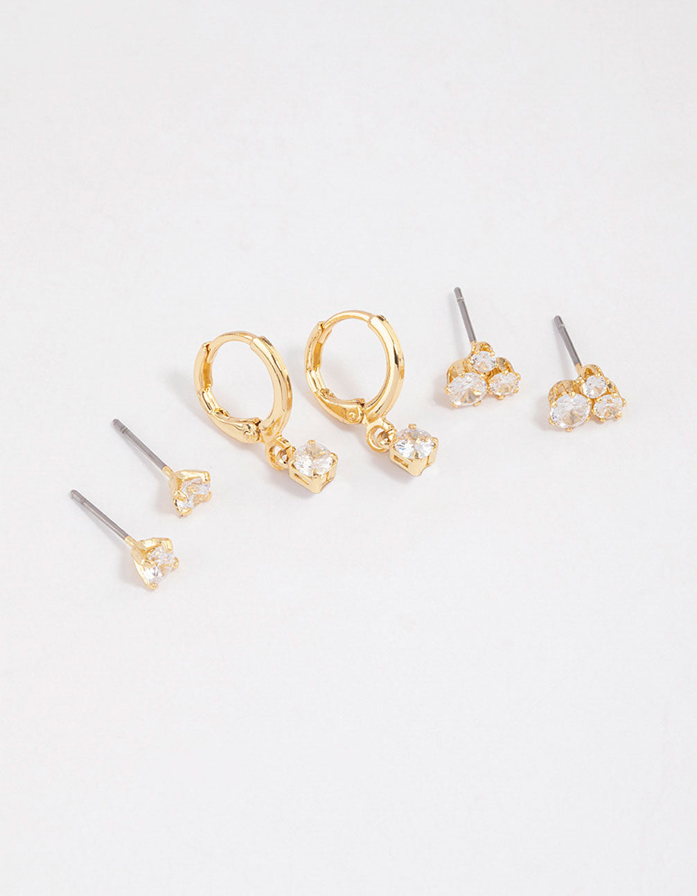 Gold Plated Brass Cubic Zirconia Trio Stud Earrings 6-Pack