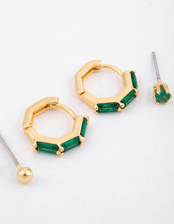 Gold Plated Brass Baguette Huggie Gold Ball Earrings 6-Pack