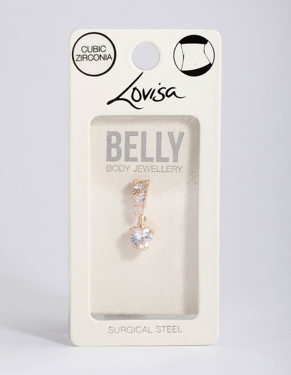 Gold Plated Surgical Steel Cubic Zirconia Heart Belly Ring