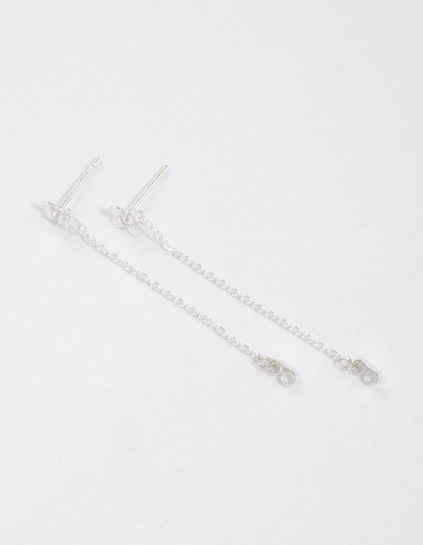 Sterling Silver Flower Stud Chain Earrings