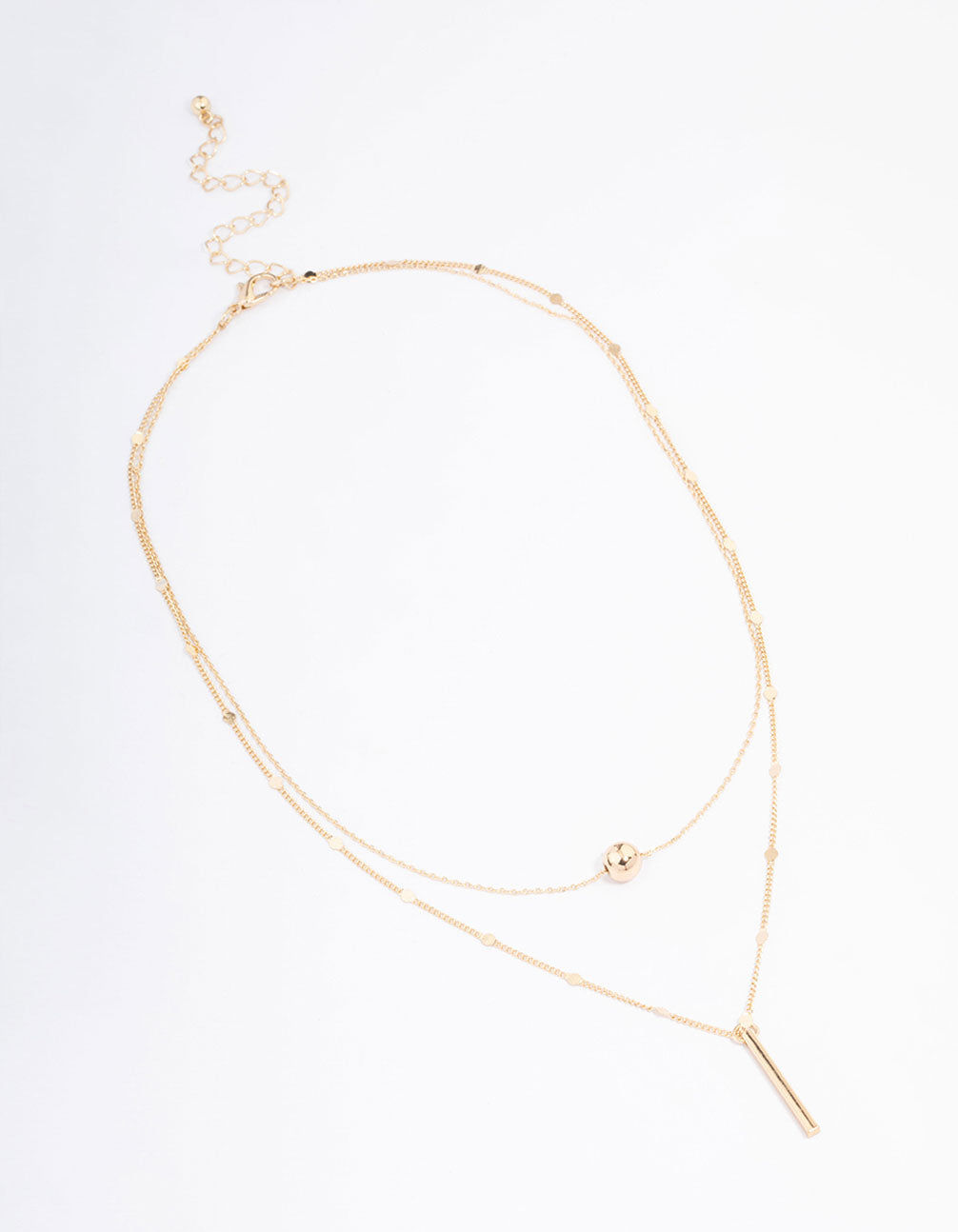 Gold Bar & Ball Double Chain Short Necklace