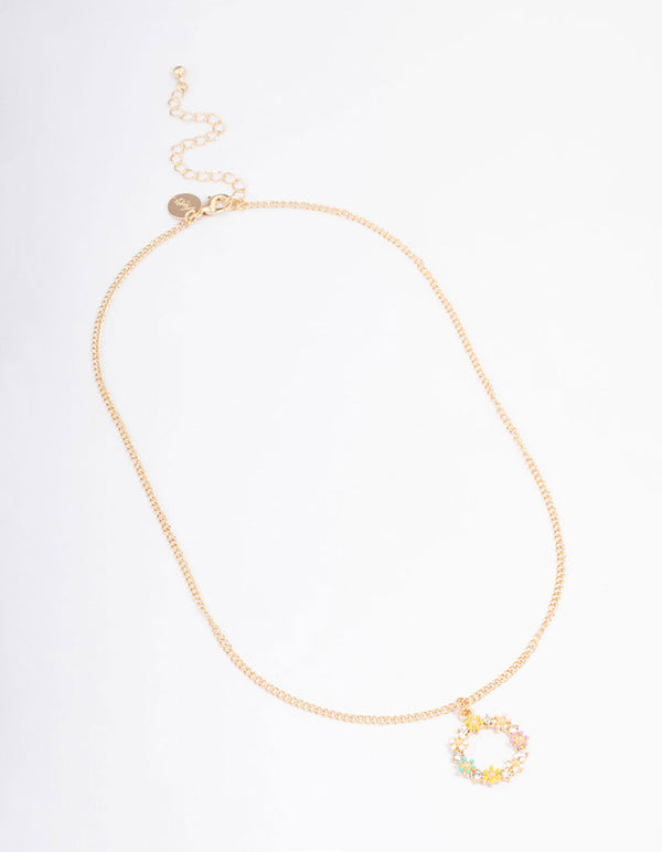 Gold Diamante Flower Circle Short Necklace
