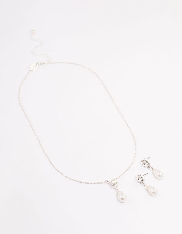 Silver Pearl Halo Drop Jewellery Set