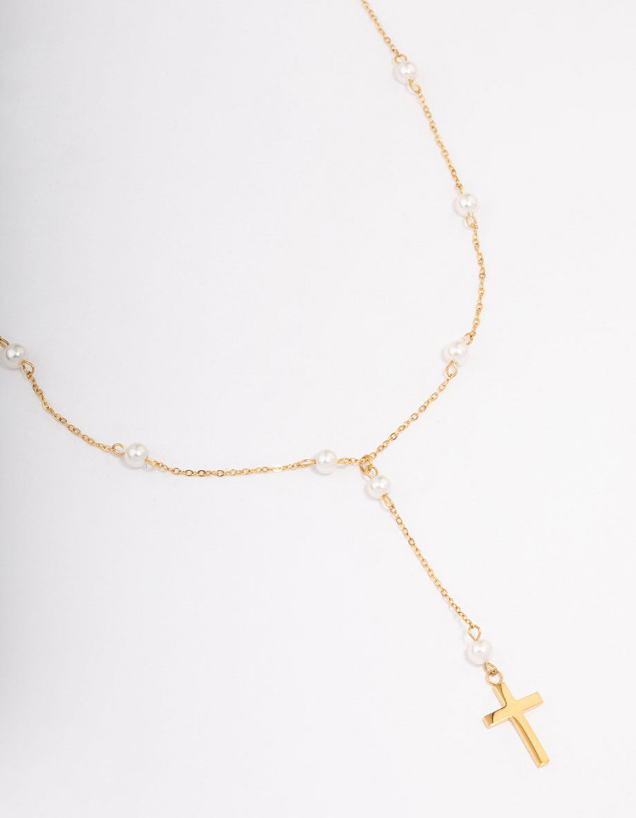 Waterproof Gold Plated Stainless Steel Pearl Station Cross Necklace