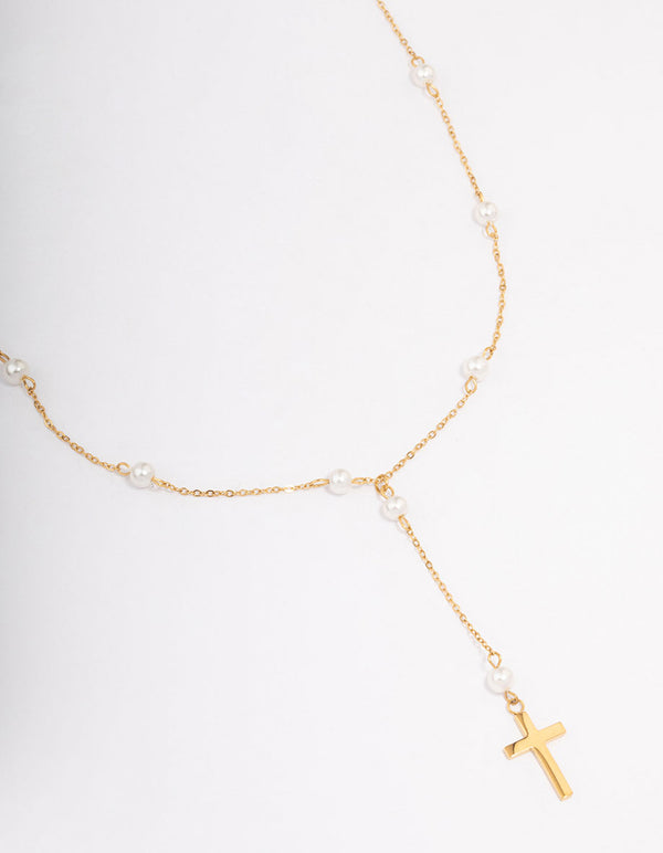 Waterproof Gold Plated Stainless Steel Pearl Station Cross Necklace