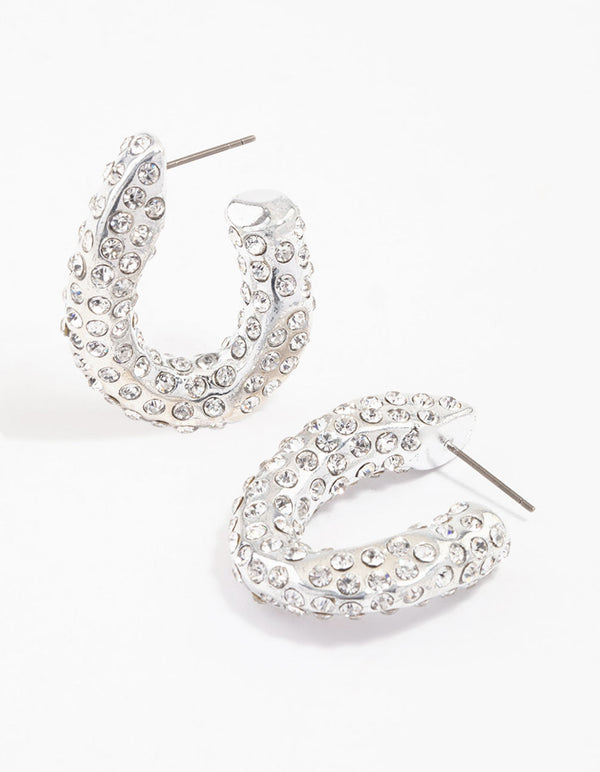 Silver Paved Curve Hoop Earrings