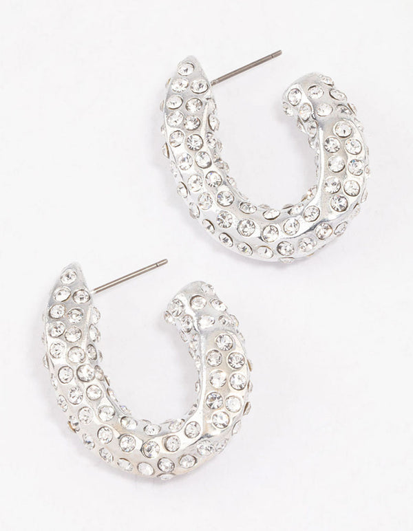 Silver Paved Curve Hoop Earrings