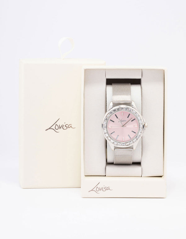 Silver Baguette Bezel Mesh Watch