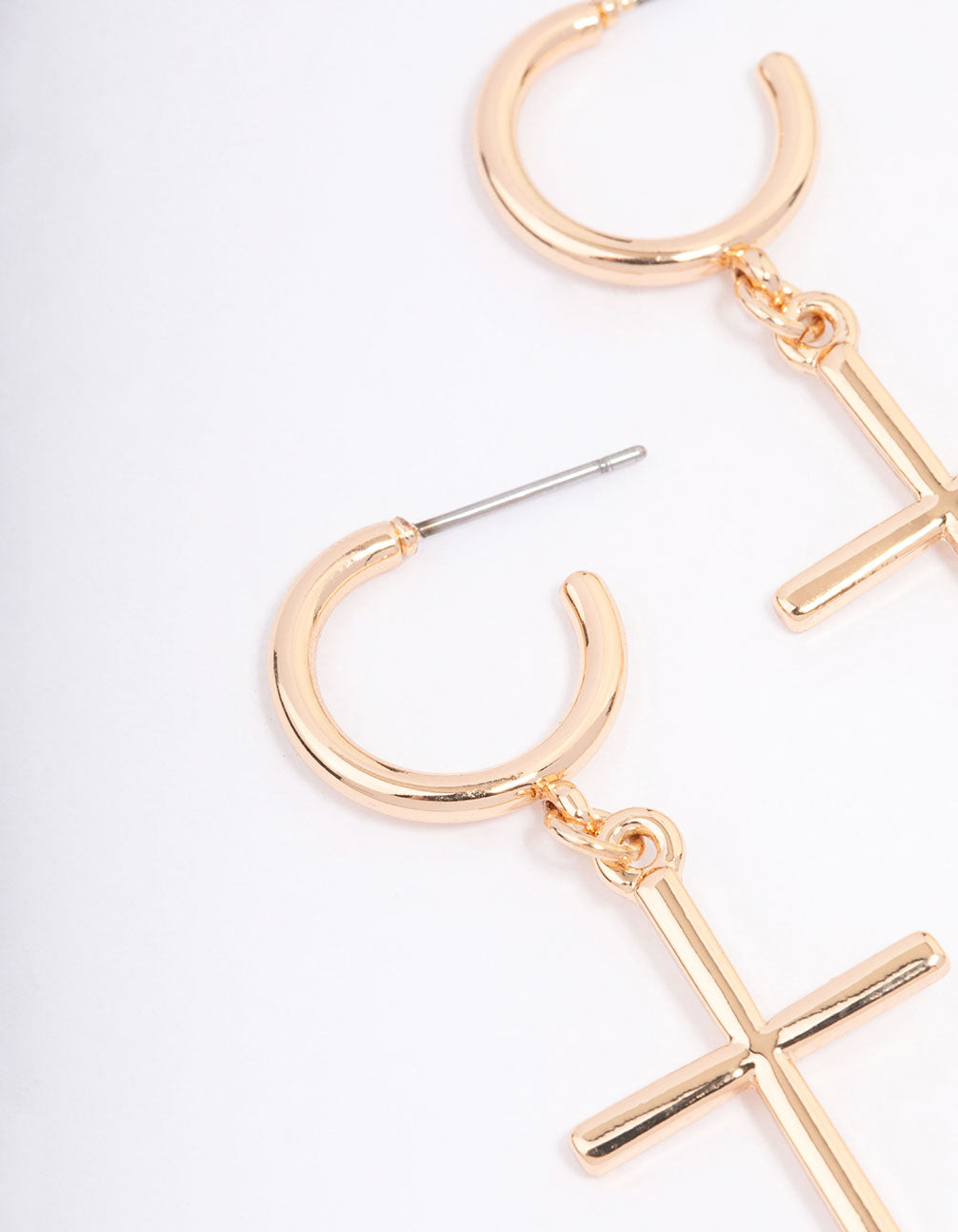 Gold Huggie Cross Pendant Earrings