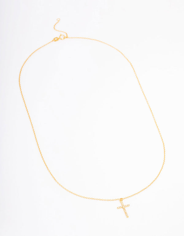 Gold Plated Sterling Silver Pave Cross Pendant Necklace