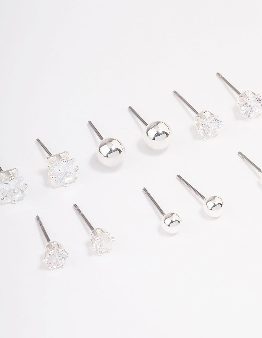 Silver Cubic Zirconia & Ball Stud Earrings