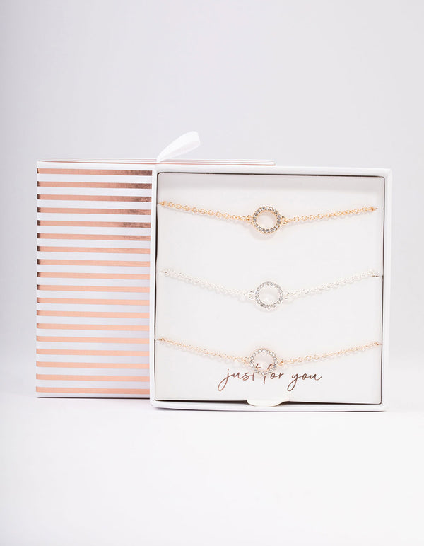Mixed Metal Diamante Open Circle Bracelet 3-Pack