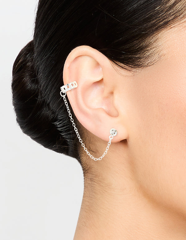 Silver Chain Link Cuff & Diamante Chain Drop Earrings