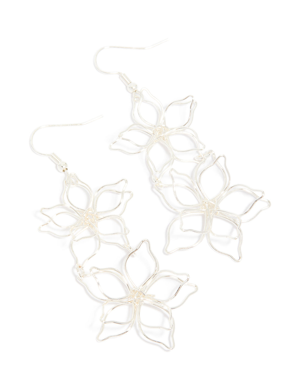 Silver Double Wire Flower Drop Earrings