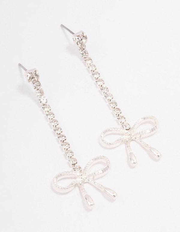 Silver Cup Chain Crystal Bow Drop Earrings
