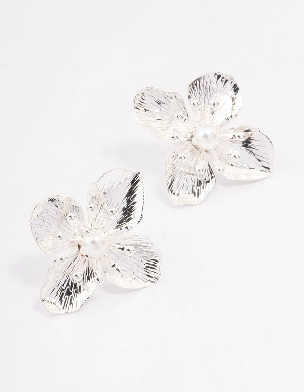Silver Pearl Large Flower Stud Earrings