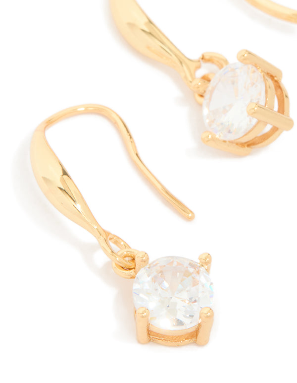 Gold Plated Cubic Zirconia Solitaire Hook Drop Earrings