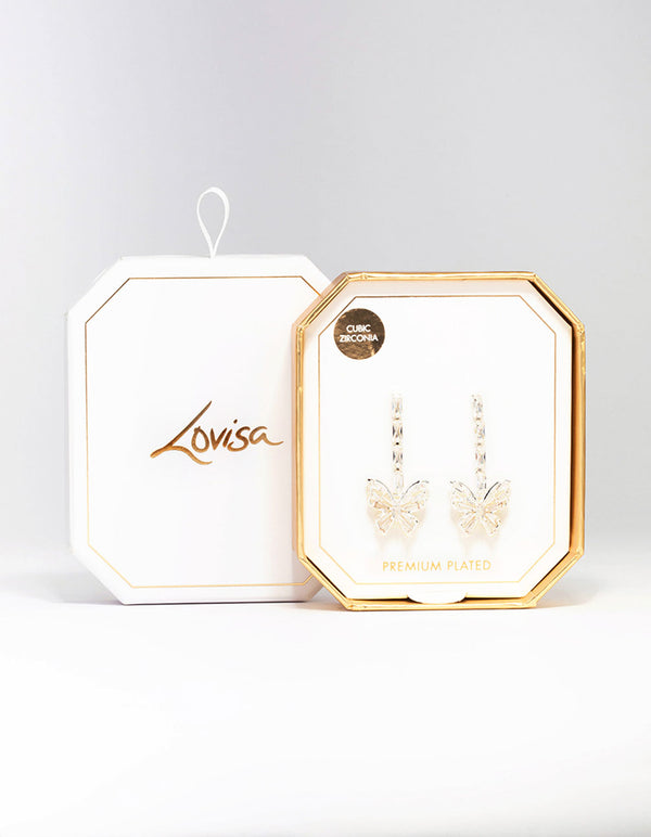 Silver Plated Butterfly Cubic Zirconia Drop Earrings