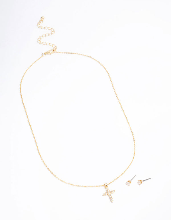 Gold Plated Cross Cubic Zirconia Necklace & Earrings Set