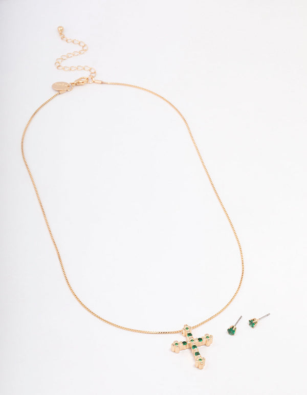 Gold Cubic Zirconia Cross Pendant Jewellery Set