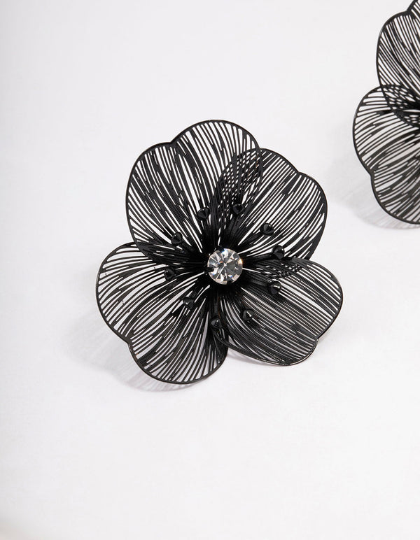 Black Diamante Flower Stud Earrings
