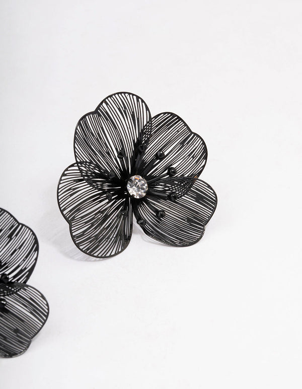 Black Diamante Flower Stud Earrings