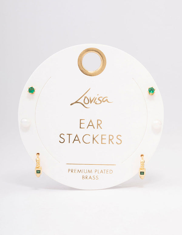 Gold Plated Brass Cubic Zirconia Huggie Pearl Earring 3-Pack