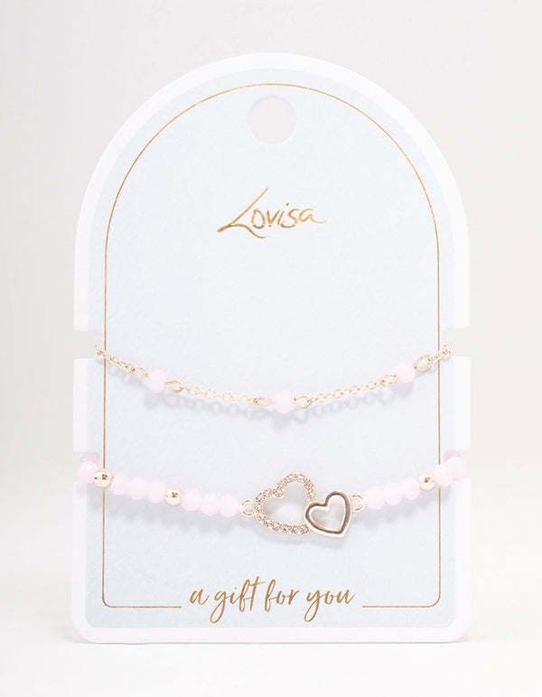 Rose Gold Pink Beaded Heart Bracelet Pack