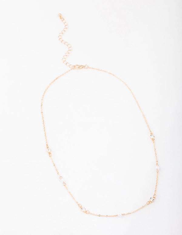 Gold Pearl & Round Diamante Necklace