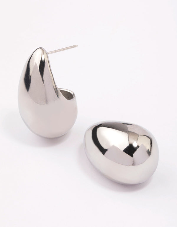 Crafted from waterproof stainless steel large teardrop earrings in silver front view