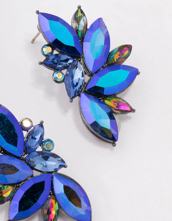 Silver Gunmetal Blue Diamante Marquise Statement Stud Earrings