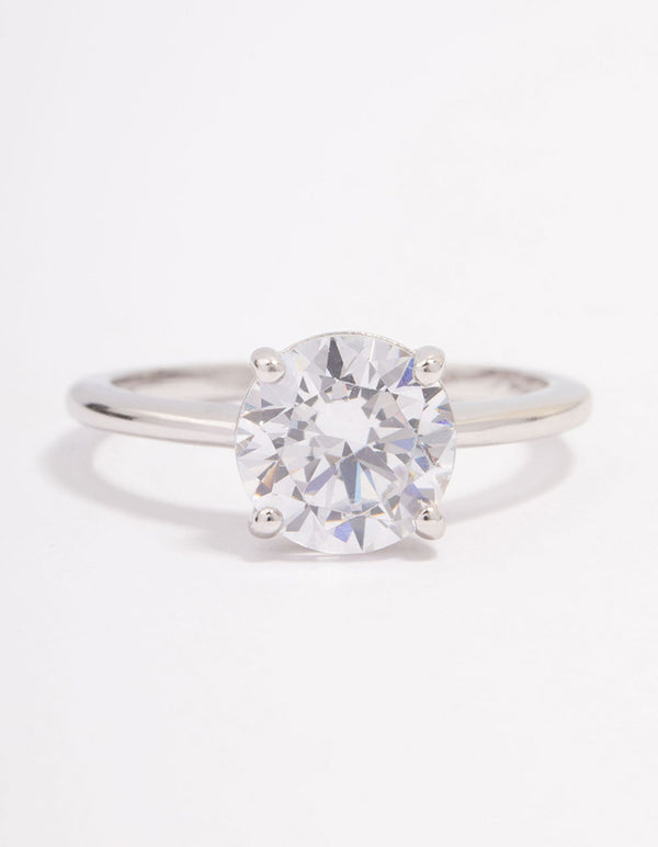 Platinum Sterling Silver Solitaire Cubic Zirconia Crystal Ring