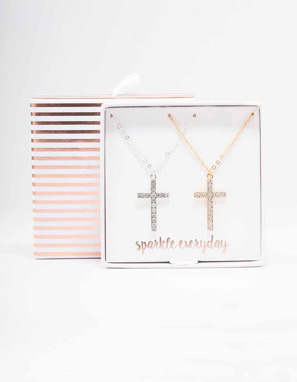 Mixed Metal Diamante Cross Necklace Pack
