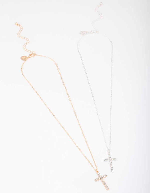 Mixed Metal Diamante Cross Necklace Pack