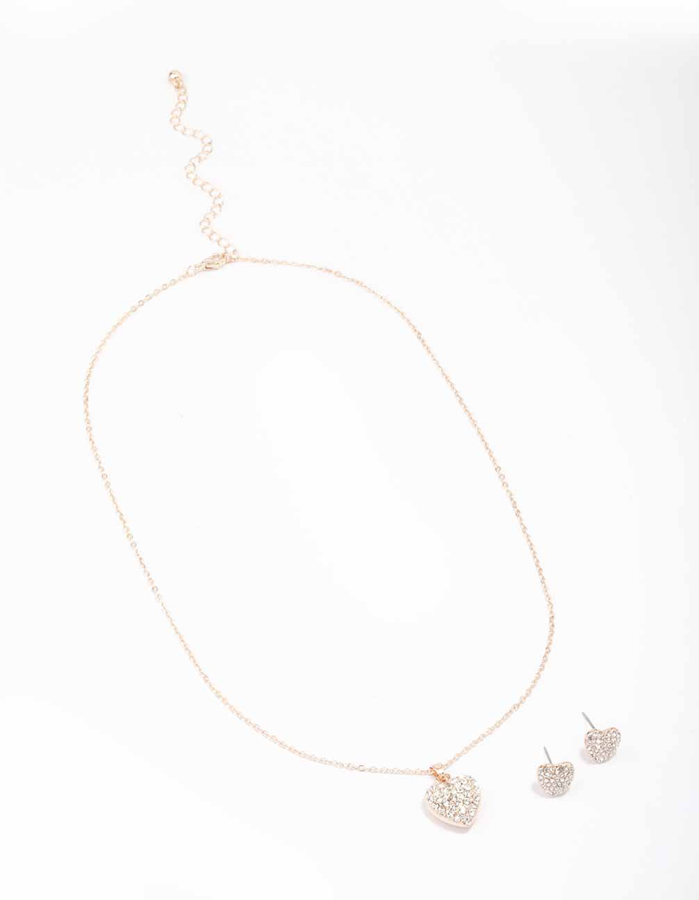Rose Gold Diamante Heart Necklace & Stud Earring Set
