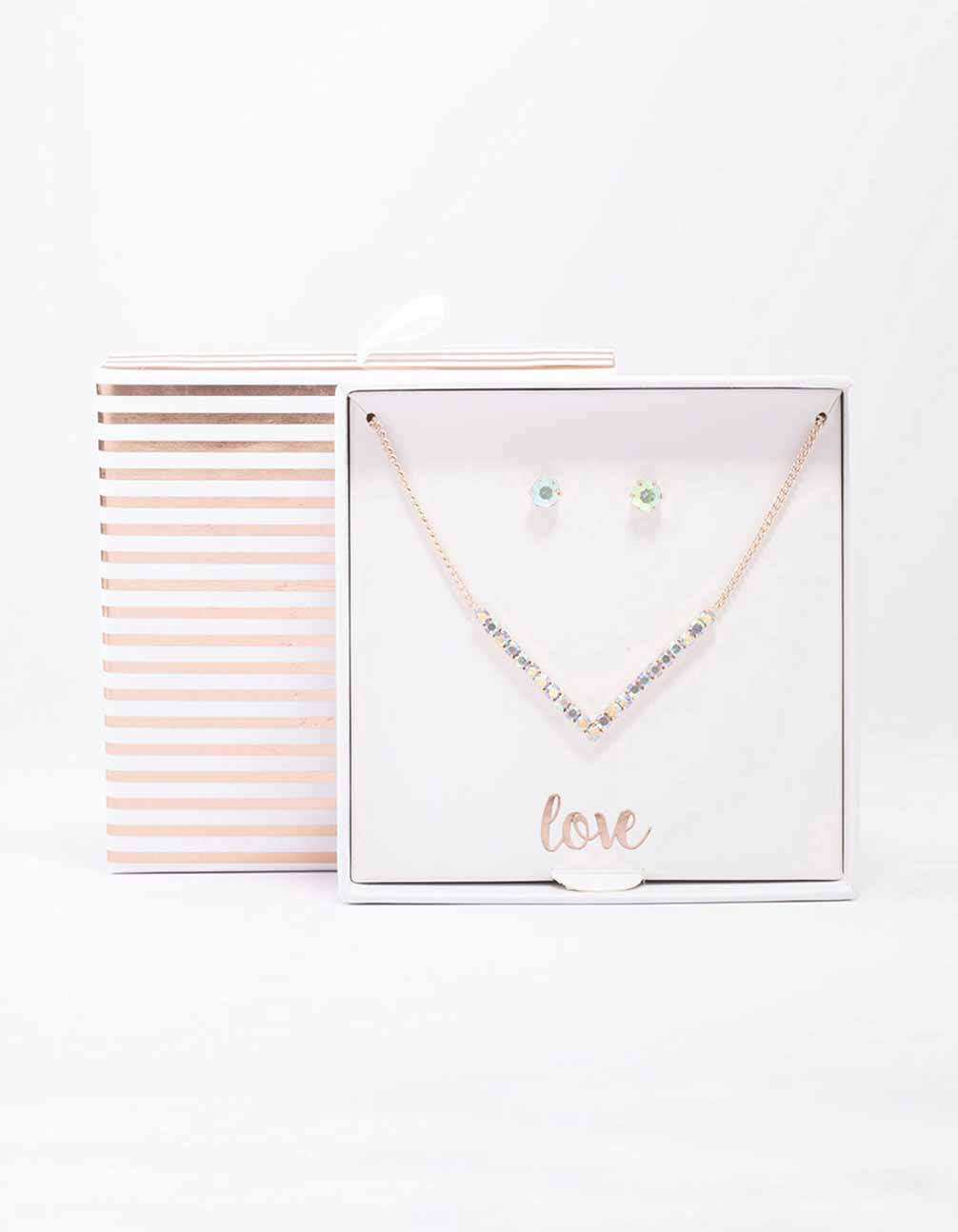 Rose Gold Cubic Zirconia V-Shaped Necklace & Stud Earring Set