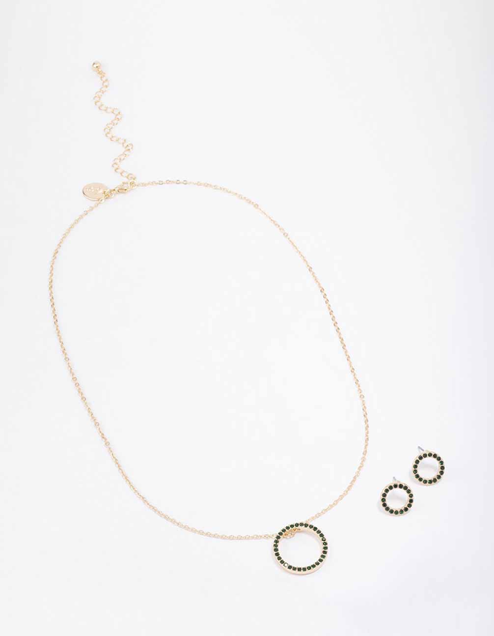 Gold Diamante Open Circle Necklace & Stud Earring Set