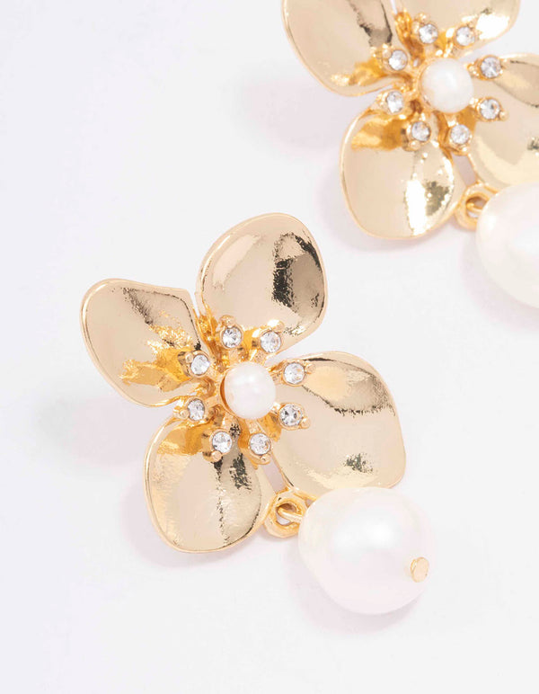 Gold Plated Crystal Flower Pearl Drop Earrings