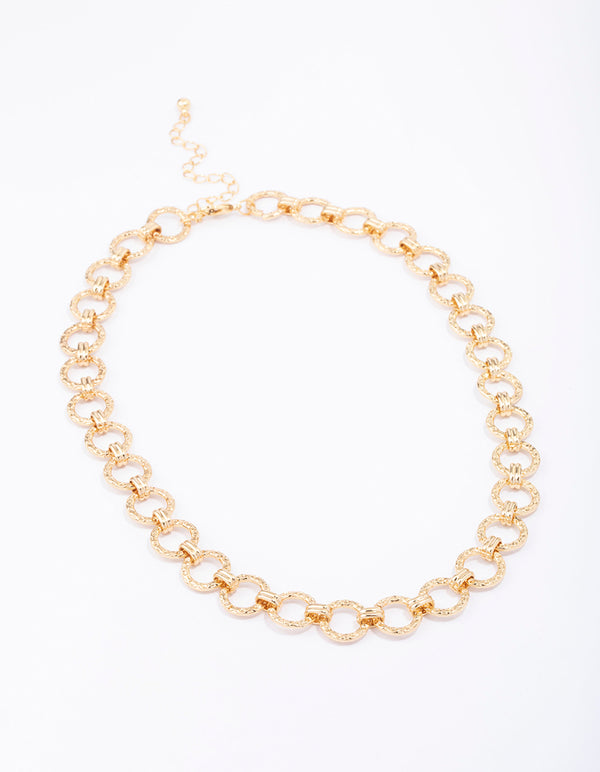Gold Plated Hammered Round Link Chain Necklace
