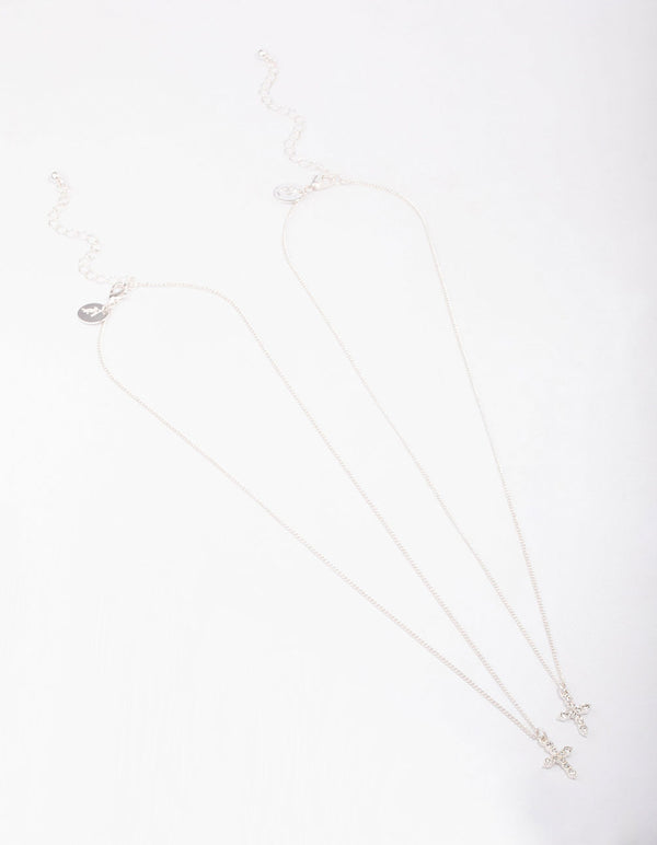 Silver Classic Diamante Cross Necklace Pack