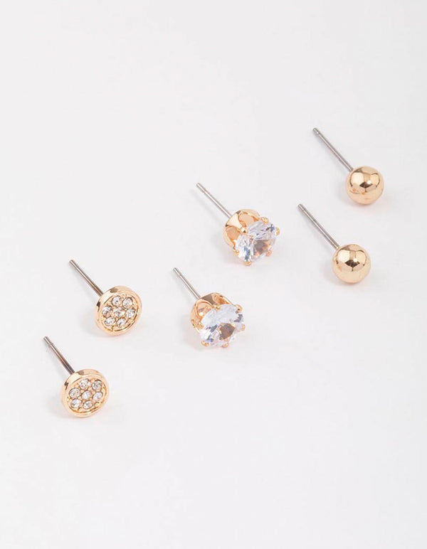 Gold Glitter Diamante Stud Earrings 3-Pack