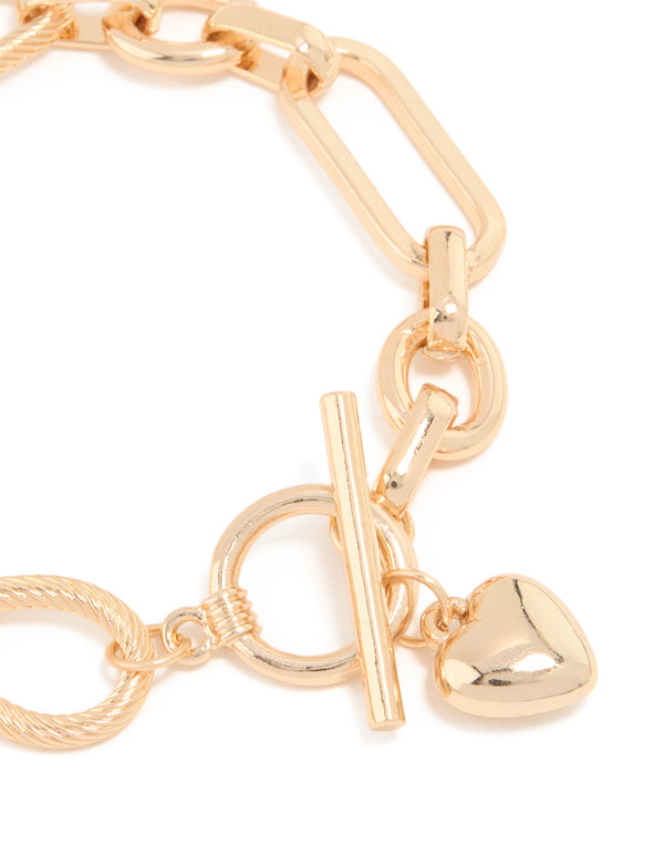 Gold Multi Link Heart T&O Chain Bracelet