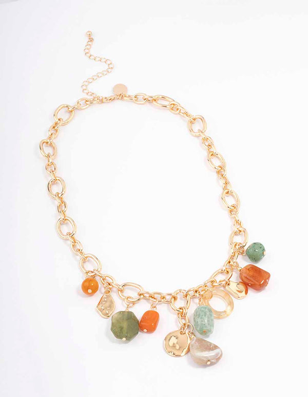 Gold Mixed Stone Charm Chain Necklace