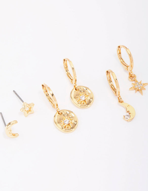 Gold Plated Celestial Cubic Zirconia Earring 3-Pack