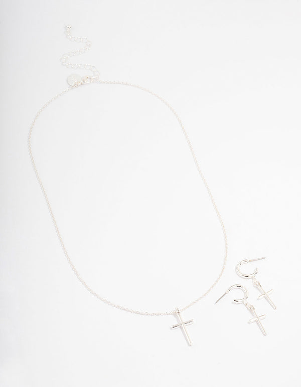Silver Plated Sleek Cross Necklace & Earring Jewellery Set