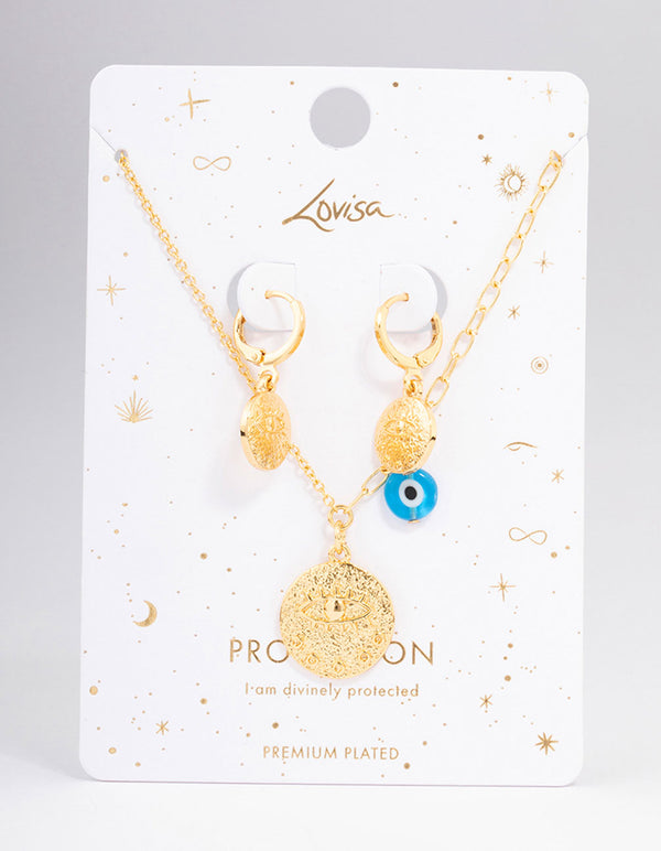 Gold Plated Coin Evil Eye Necklace & Earring Jewellery Set